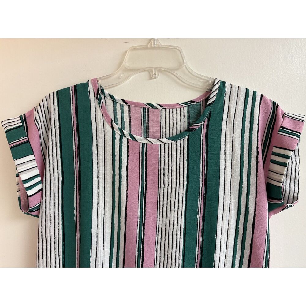Retro Mod Pink Green Stripe Resort Mini Dress S Babydoll Drop Waist Pocket Twee - Picture 6 of 7
